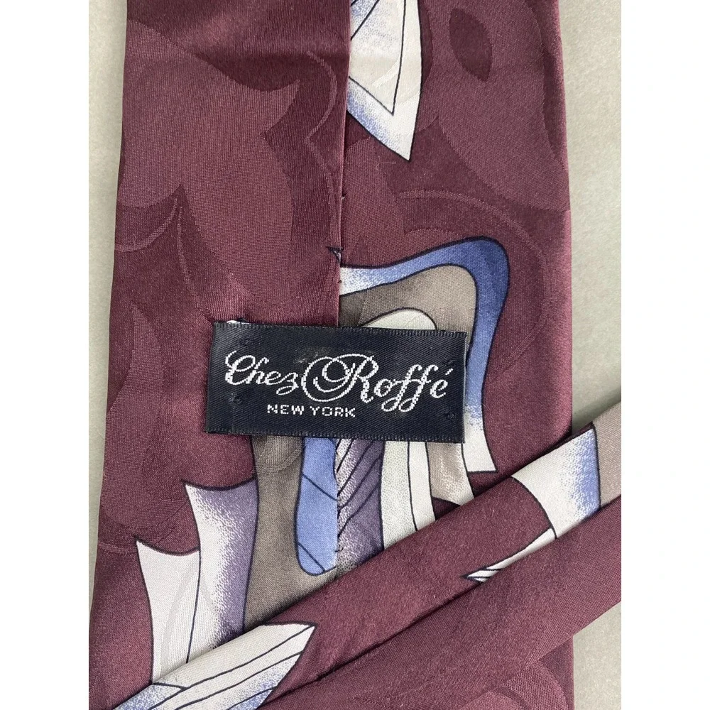 Chez Roffe Mens Tie Burgundy Geometric Silk Retro Abstract Art Deco Artsy 57x4